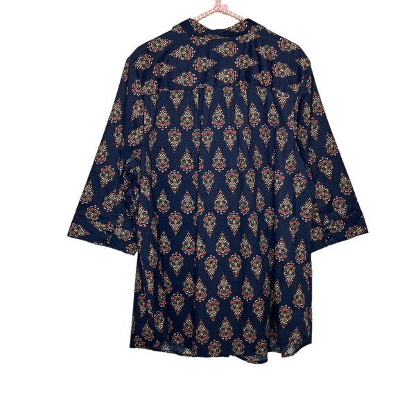 Roaman's 22W Navy Blue Orange Baroque Print Button Down Big Shirt Top Plus - Picture 3 of 5
